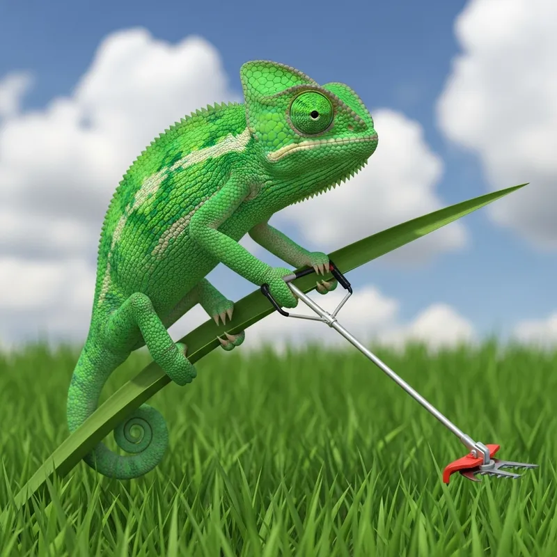 Vibrant Green Chameleon Trimming Grass: Unique Nature Scene