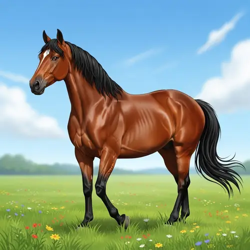 Majestic Brown Horse in Lush Meadow | Serene Summer Scene
