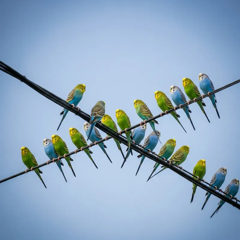 Flock of Budgerigars Perched on Power Line