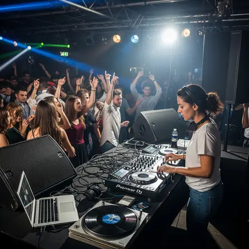 Dynamic Nightclub Scene with Middle-Eastern Female DJ and Diverse Crowd