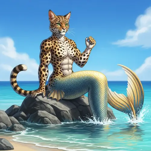 Neko Leopard Mermaid Creature - Enchanting Fantasy Fusion
