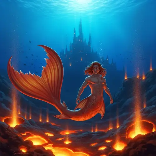Merman Deep Underwater with Tan Skin and Long Red Hair