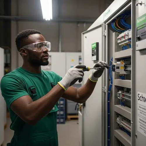 Experienced Black Electrician Interacting with Schneider Electrical Panel