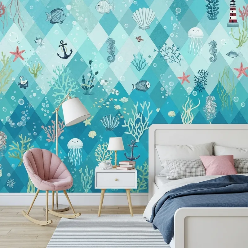 Colorful Ocean Diamond Wallpaper for Girls Bedroom | Fun and Whimsical Design