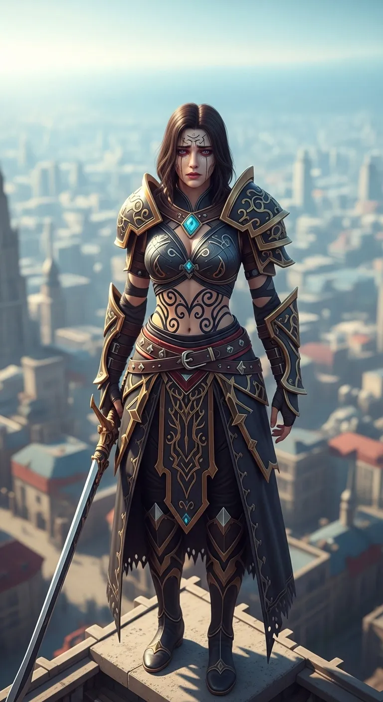 Epic Fantasy Art of Powerful Female Adventurer in Cityscape