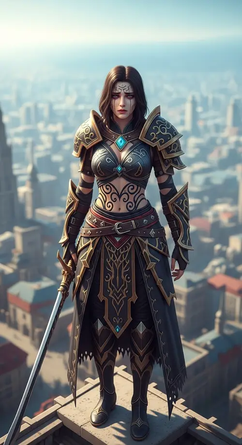 Powerful Female Adventurer in Fantasy Cityscape Artwork
