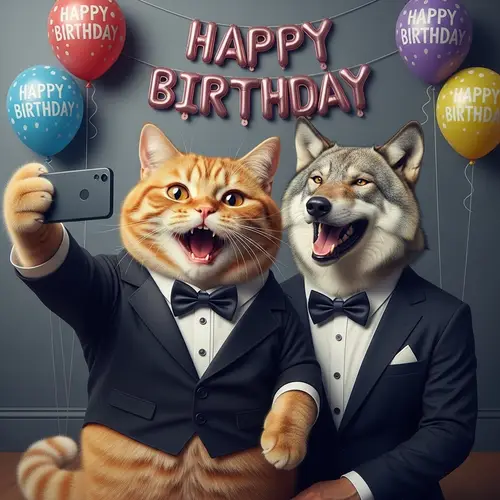 Chubby Ginger British Shorthair Cat and Wolf Selfie | Happy Birthday Balloon Scene