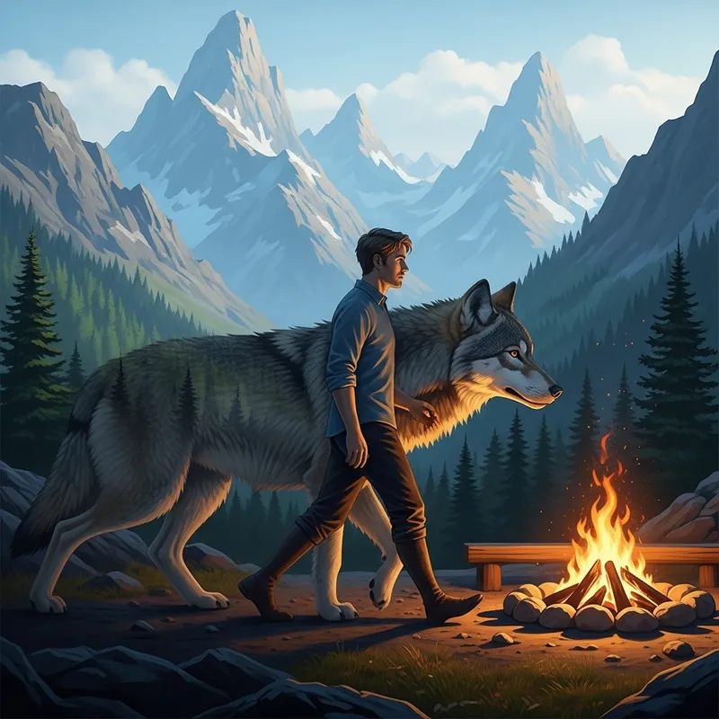 Engaging Scene of Man to Wolf Transformation in Majestic Mountain Landscape