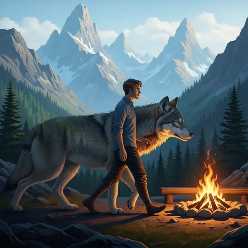 Man Transforming into Wolf in Majestic Mountain Landscape