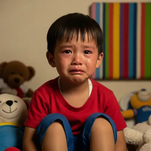 Young Asian Boy Crying in Gently Lit Room
