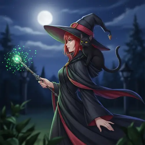 Unique Anime Red-Headed Witch with Black Cat Art