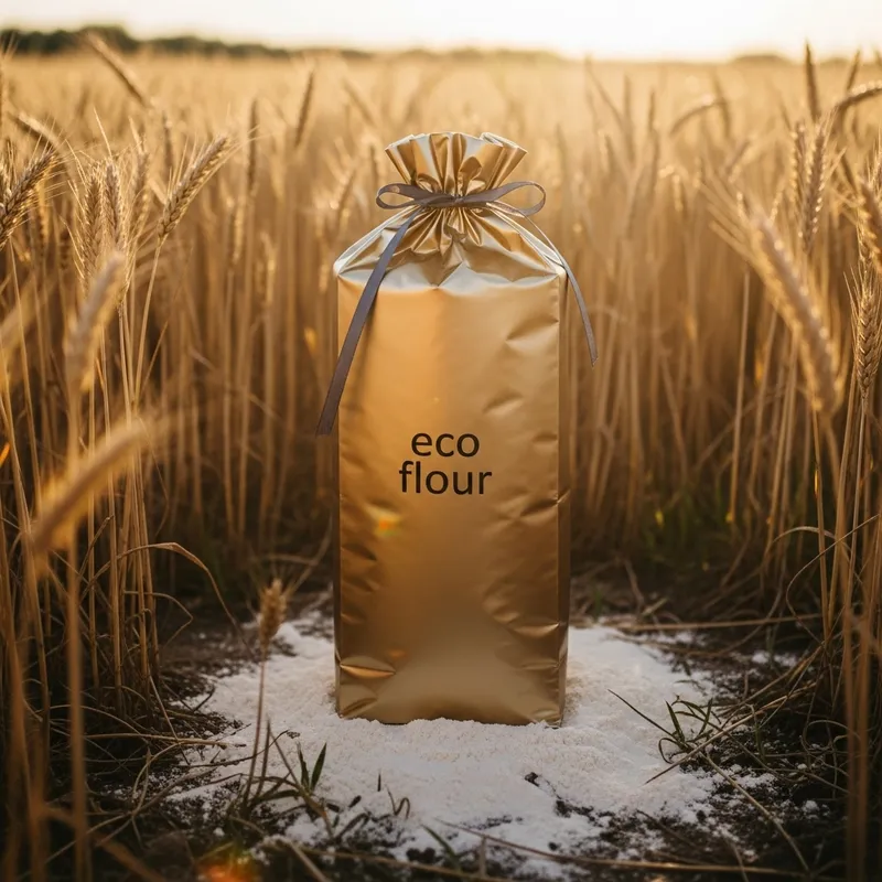 Golden Eco Flour Bag in Wheat Field - Sustainable Harvest Scene Golden Eco Flour Bag in Wheat Field - Sustainable Harvest Scene