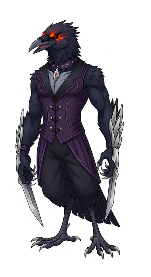 Anthropomorphic Crow with Sharp Feathers and Silver Claws