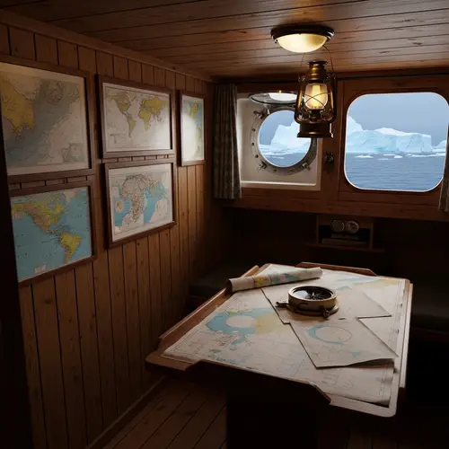 Arctic Sea Ship Cabin: Navigational Equipment & Cozy Amenities
