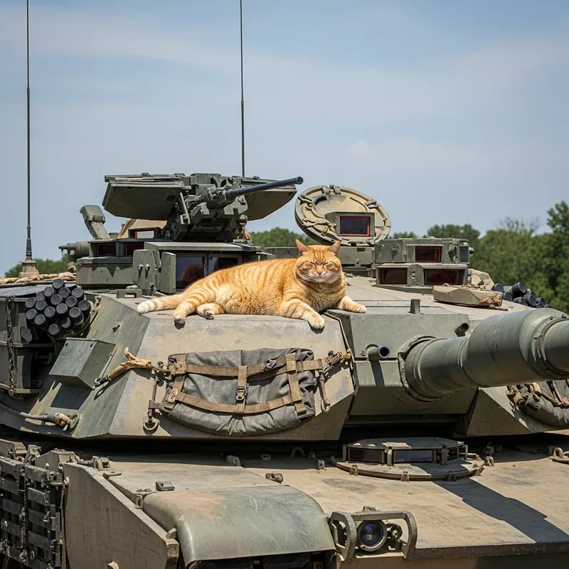 Fat Orange Cat Relaxing on Abrams Tank