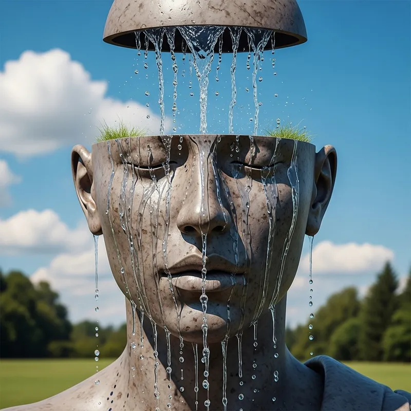 Knowledge Overflow: Human Head Sculpture Drenched in Wisdom Knowledge Overflow: Human Head Sculpture Drenched in Wisdom