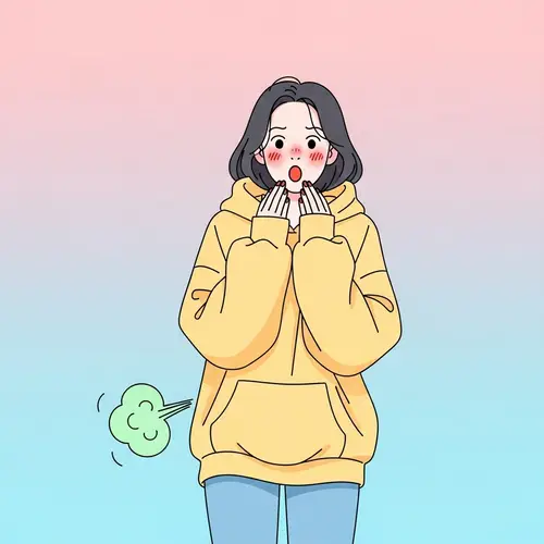 Amusing Illustration of a Surprised Young Korean Woman Releasing Gas