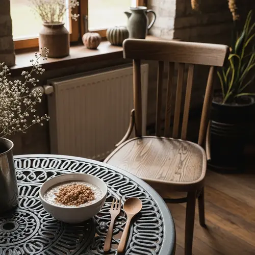 Rustic Wooden Chair & Iron Table Setting with Buckwheat Porridge