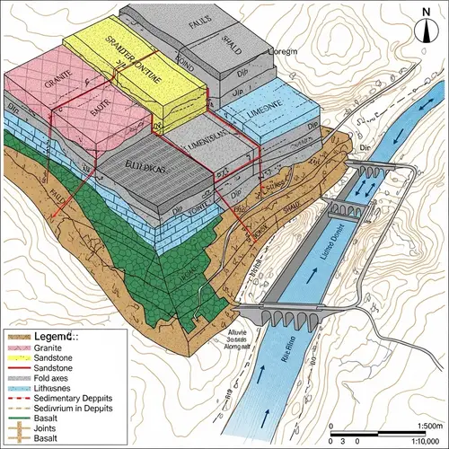 Detailed Geological Map of a Dam Area - Rocks, Structures, Sediments