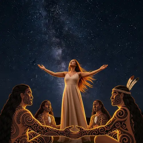 Maori Woman Embracing Cosmos: Ancestral Connection Captured