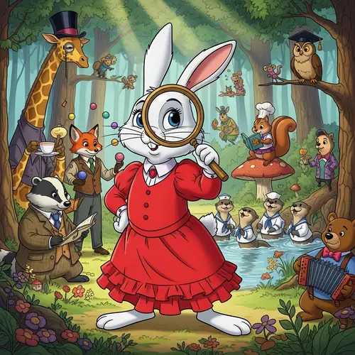 Cartoon-Style White Rabbit in Red Dress with Magnifying Glass