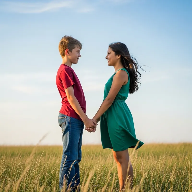 Youthful Love: Boy and Girl Embrace in Field | Heartwarming Childhood Moment
