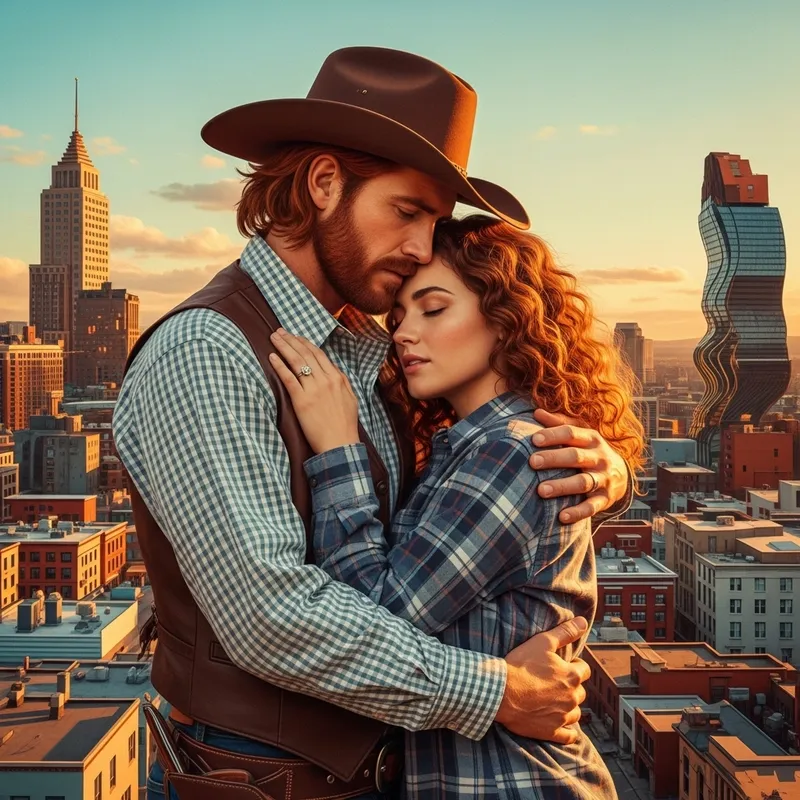 Captivating Love Story: Cowboy & Auburn Beauty in Surreal Cityscape
