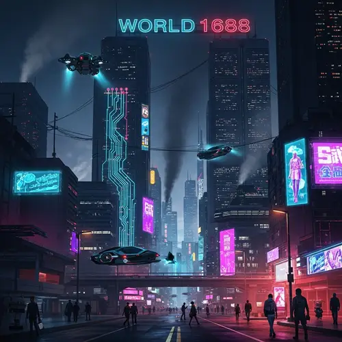 WORLD1688: Futuristic Cyberpunk Cityscape with Neon Lights