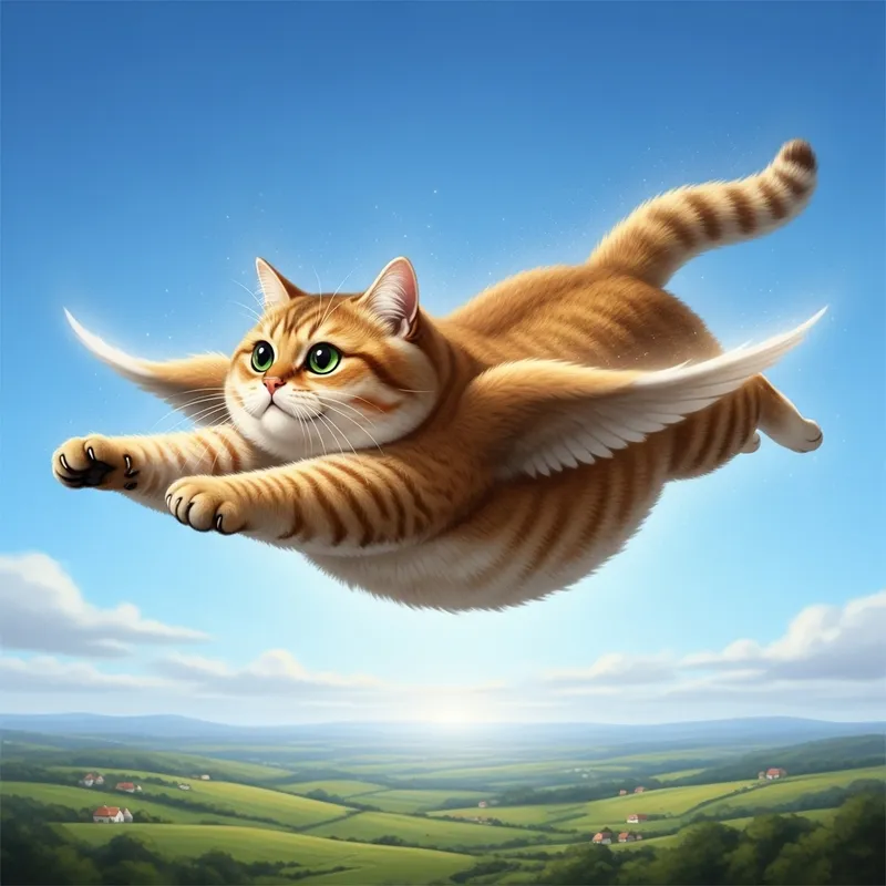 Flying Cat Soaring High in a Mystical Sky