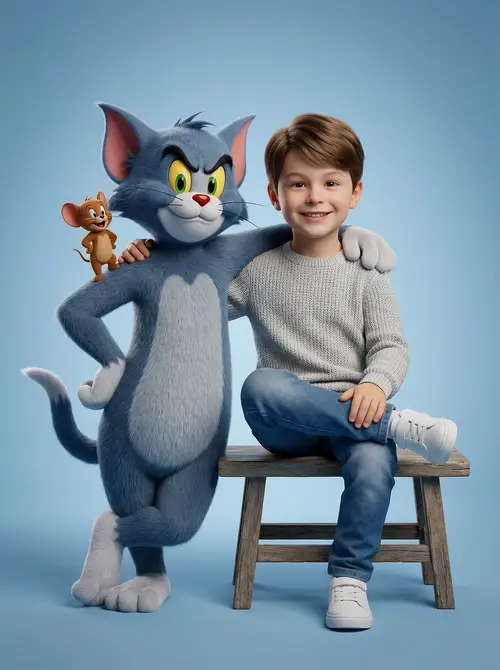 Smiling Boy with Tom and Jerry - Ultra-Realistic Portrait