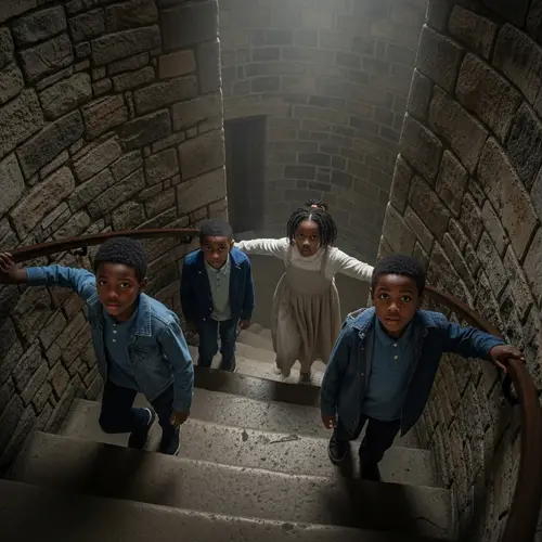 Ethereal Guide Leads Young Boys Up Ancient Lighthouse Staircase