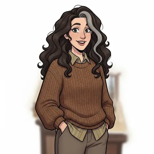 Cartoon Style Mid 30s Woman with Dark Brown Curly Hair