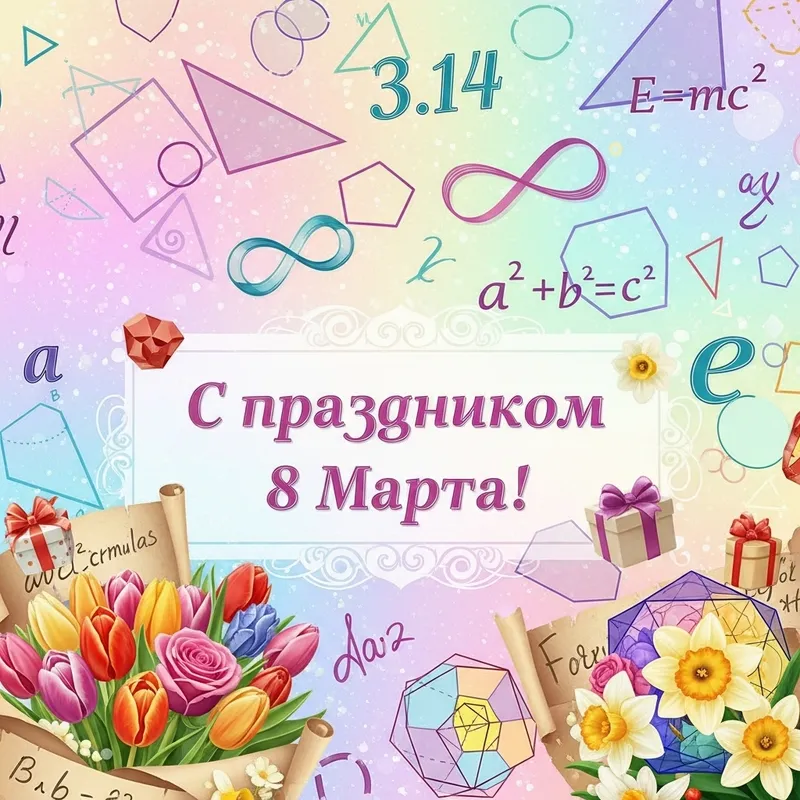 Festive Women's Day Math Image with Geometric Shapes and Flowers for March 8 Celebration
