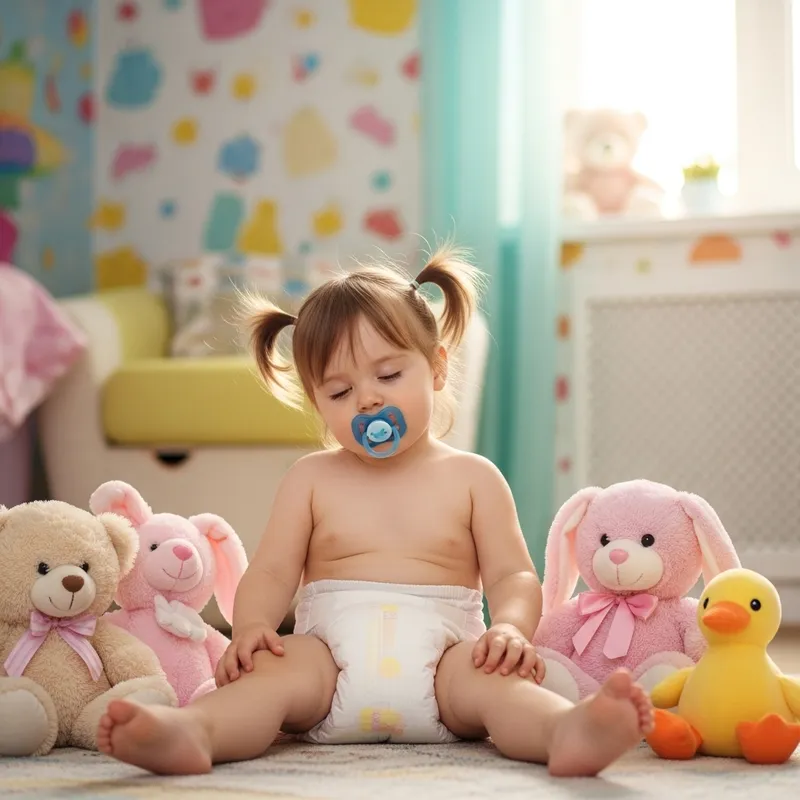 Toddler in Large Diaper Sitting Peacefully in Colorful Nursery Room