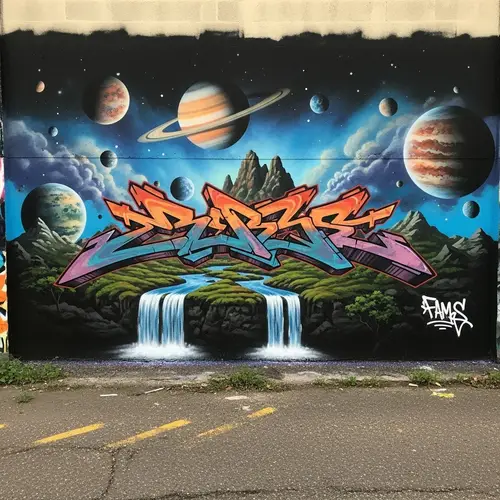 Surrealistic Graffiti Tag with Planets and Cascades