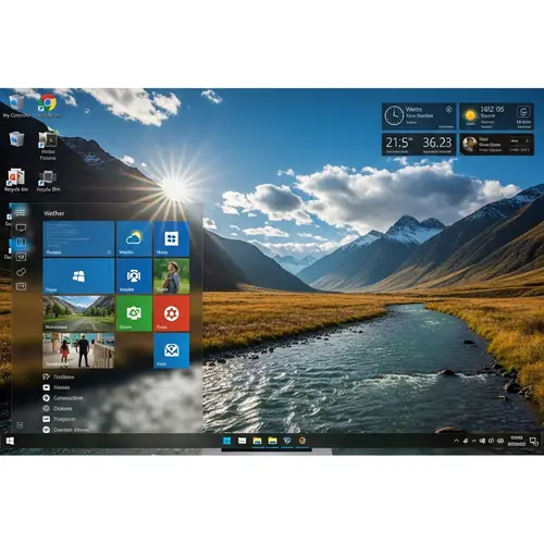 Modern Computer OS Interface with Nature-Themed Desktop Wallpaper