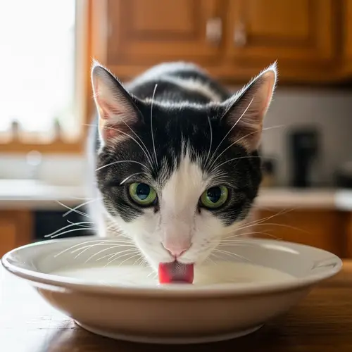 Mischievous Cat Drinking from Bowl of Milk