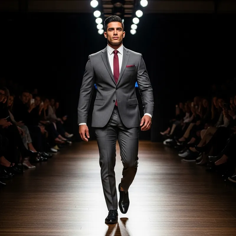 Captivating Hispanic Male Model Striding Down Runway in Stylish Suit Captivating Hispanic Male Model Striding Down Runway in Stylish Suit
