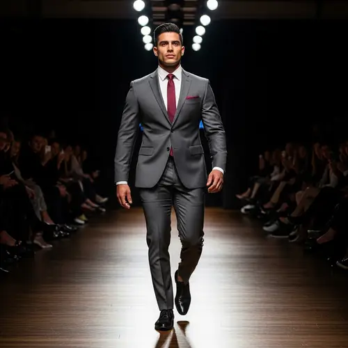 Hispanic Male Model Striding Down Runway in Stylish Suit