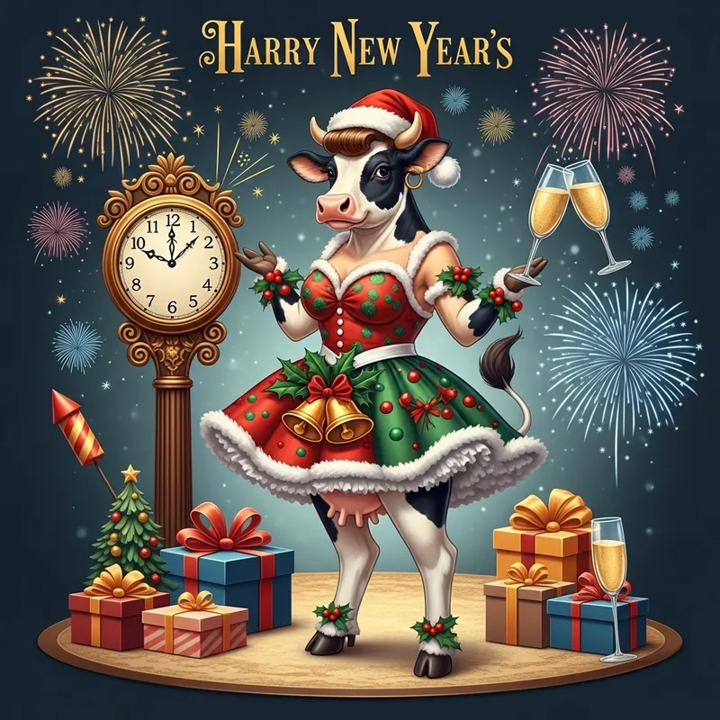 New Year Cow Pin-Up | Festive Whimsical Scene