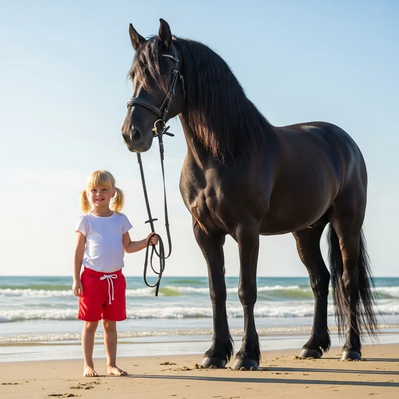 Young Blonde Girl with Black Horse on Sunny Beach