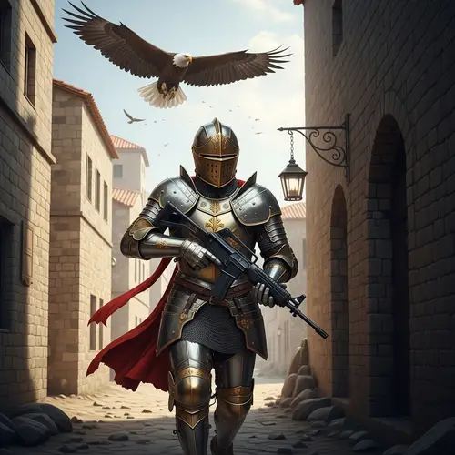 Modern Crusader in Ornate Armor Storms Jerusalem with AR-15