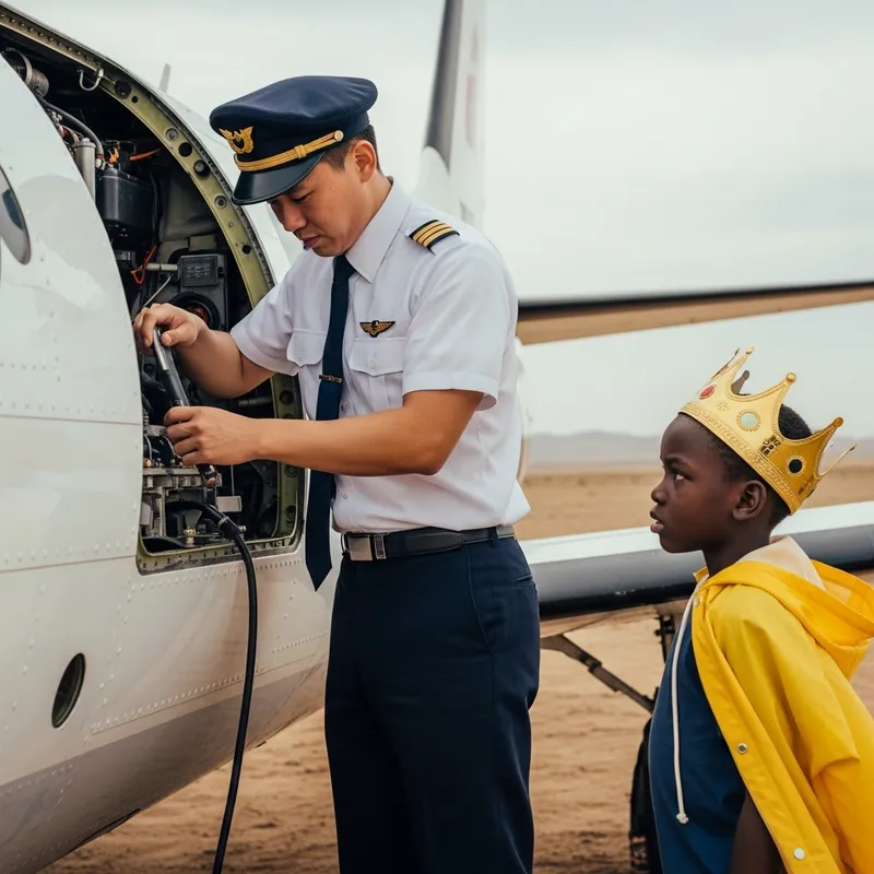 Asian Pilot Fixes Plane in Desert | Boy with Crown & Raincoat Asian Pilot Fixes Plane in Desert | Boy with Crown & Raincoat