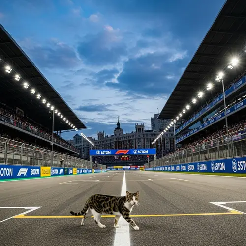 Graceful Domestic Cat Striding on Madrid F1 Race Track