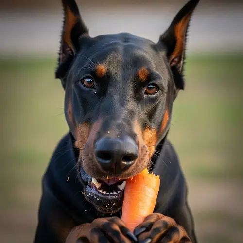 Black Doberman Eating Carrot - Adorable Sight