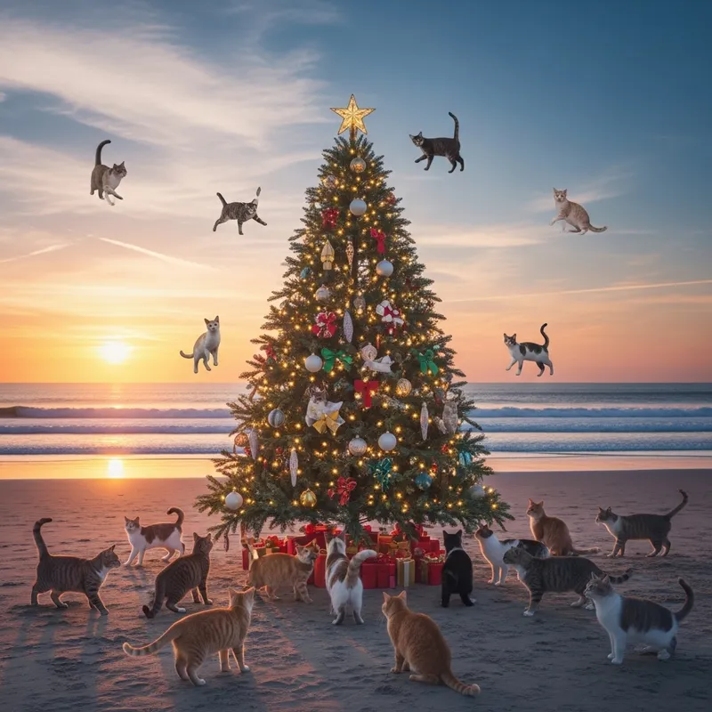 Christmas Tree on Beach Surrounded by Cats - Festive Scene Christmas Tree on Beach Surrounded by Cats - Festive Scene