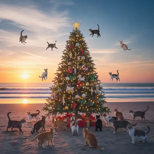 Christmas Tree on Beach with Diverse Cats - Festive Scene