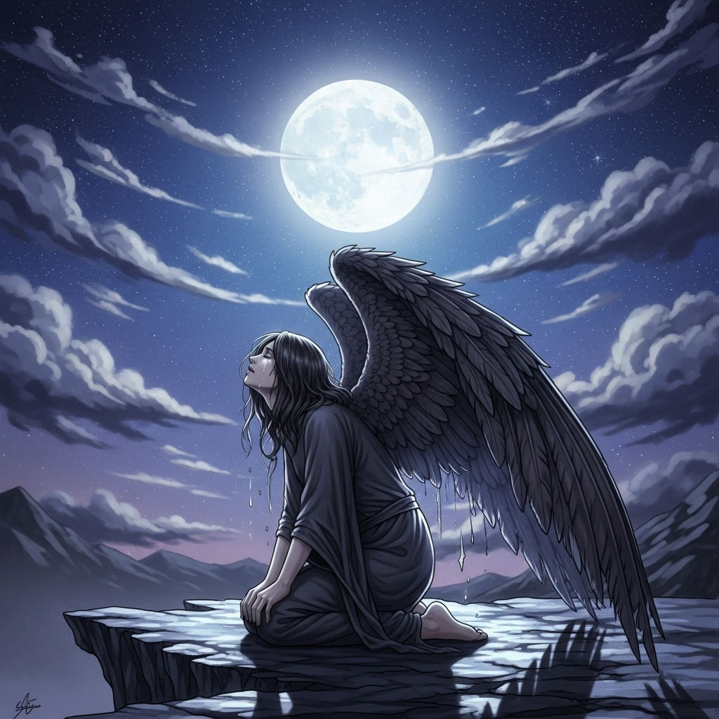 Fallen Angel Under Moonlight Illustration | AI Art Generator