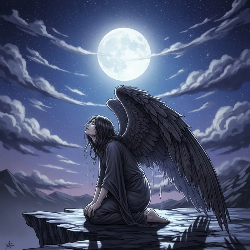 Fallen Angel Under Moonlight Illustration