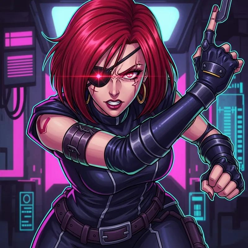 Fierce Redhead Goth Mommy in 80s Anime Style